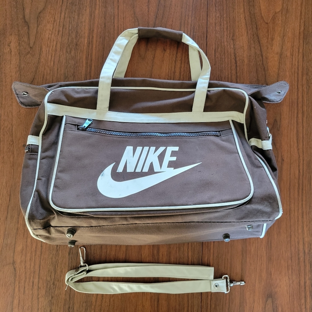 Vintage Nike Original 70s Brown Duffle Gym Travel Bag Canvas Blue Ribbon Sports